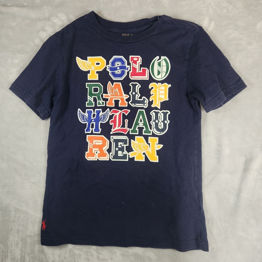 Polo Ralph Lauren Varsity Block Letter T-Shirt Kids M (10-12) Navy Graphic Logo